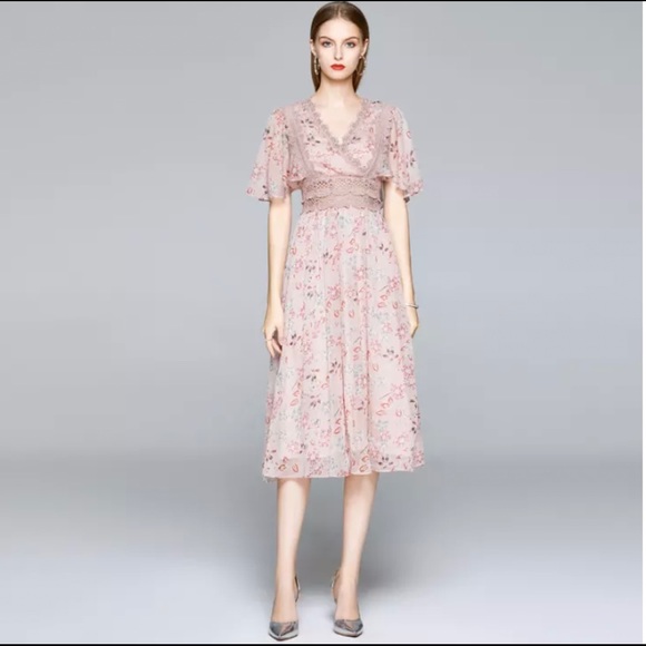 ✨SOLD✨ Lai Meng Five Cats Midi chiffon Dress Pink Flower Floral Elegant V neck - Picture 7 of 10